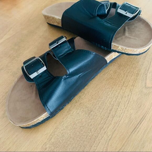 Twin Buckle Band Black Cork Sole Slide Sandals - Picture 3 of 10